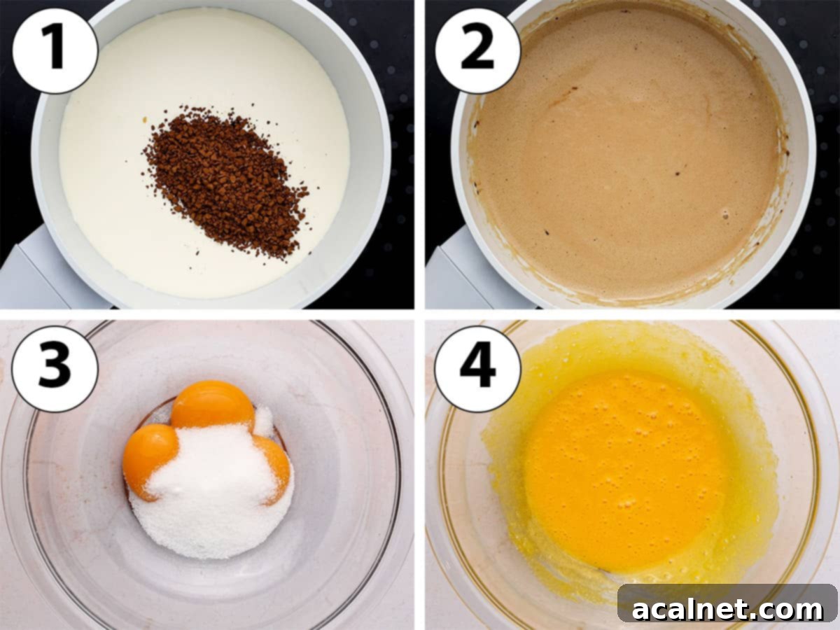 Process Shot Collage: heating up cream and coffee, mixing egg yolks and sugar.