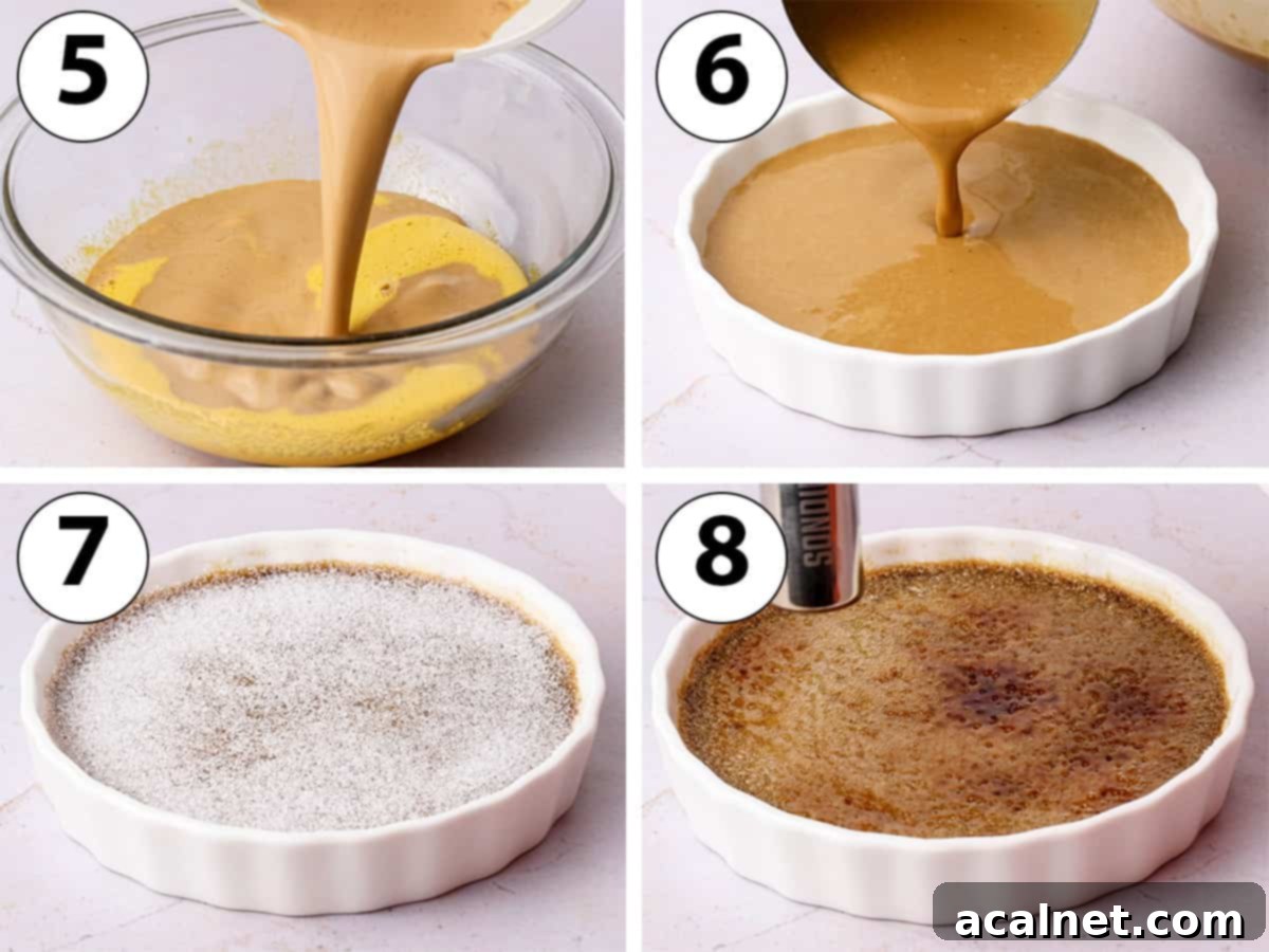 Process Shot Collage: combining mixtures, pouring into ramekins, coating with sugar and caramelising the coating.