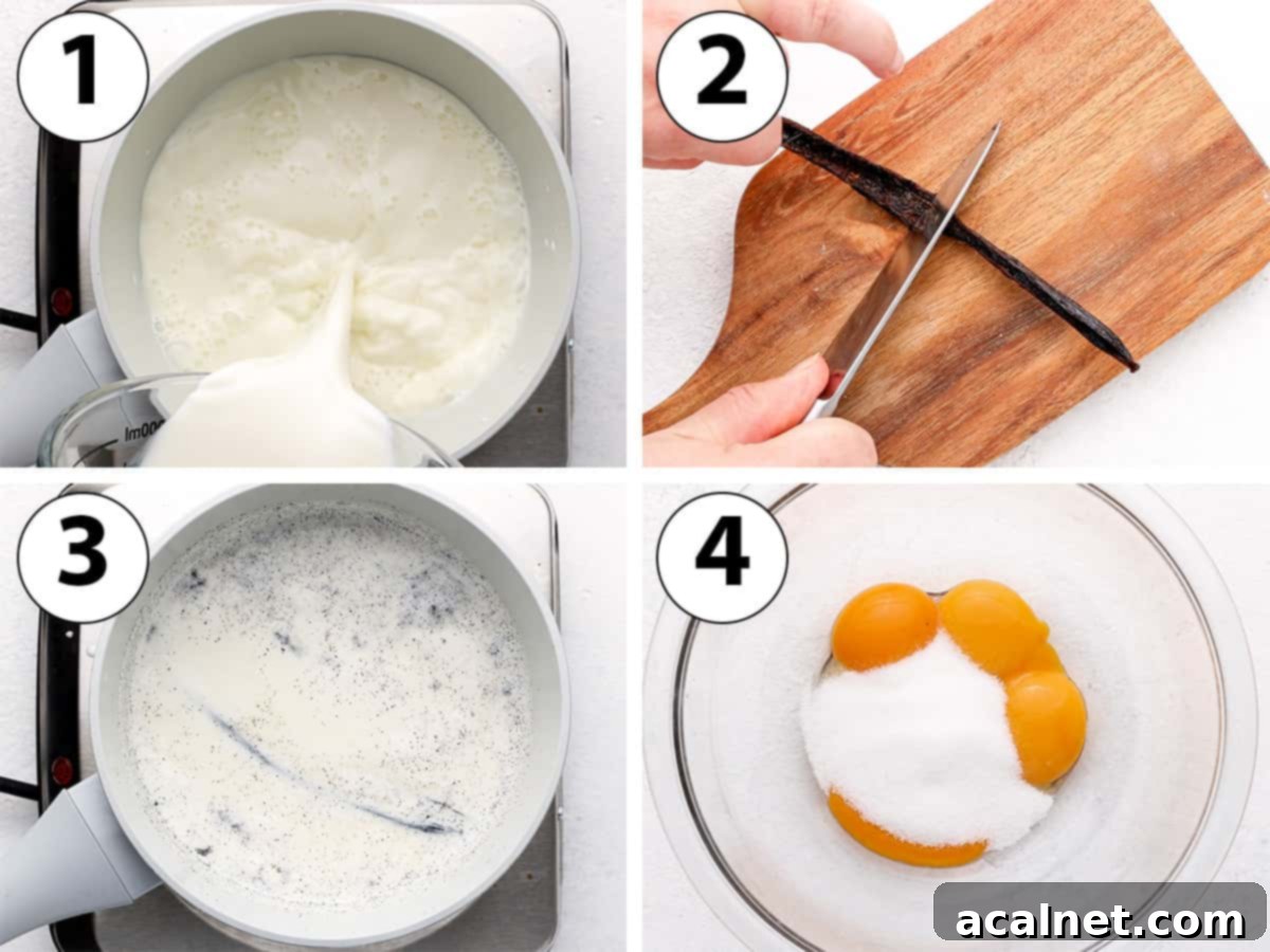 Process Shot Collage: heating up the milk and vanilla bean, and placing the egg yolks and sugar in a separate bowl.