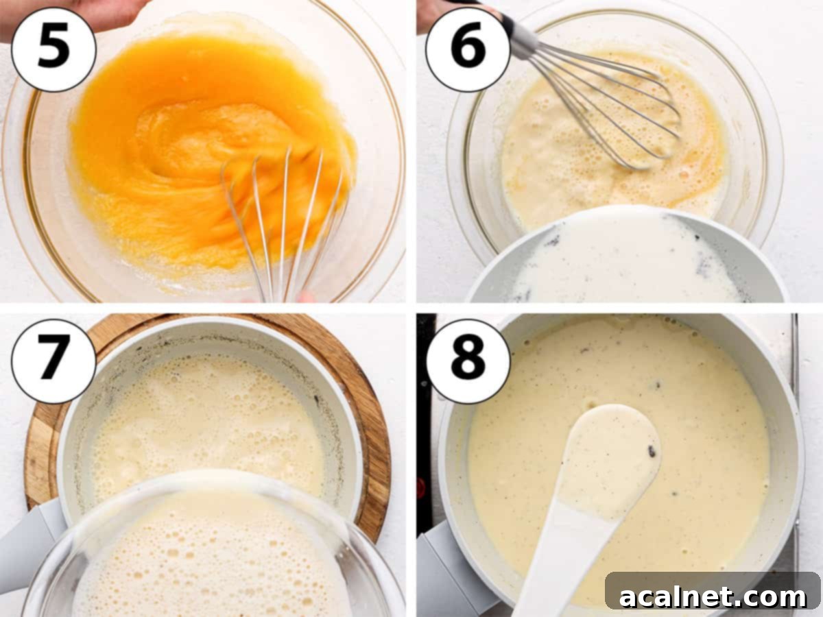 Process Shot Collage: mixing the eggs, adding the warm cream, transferring the sauce back in the saucepan and cooking it.