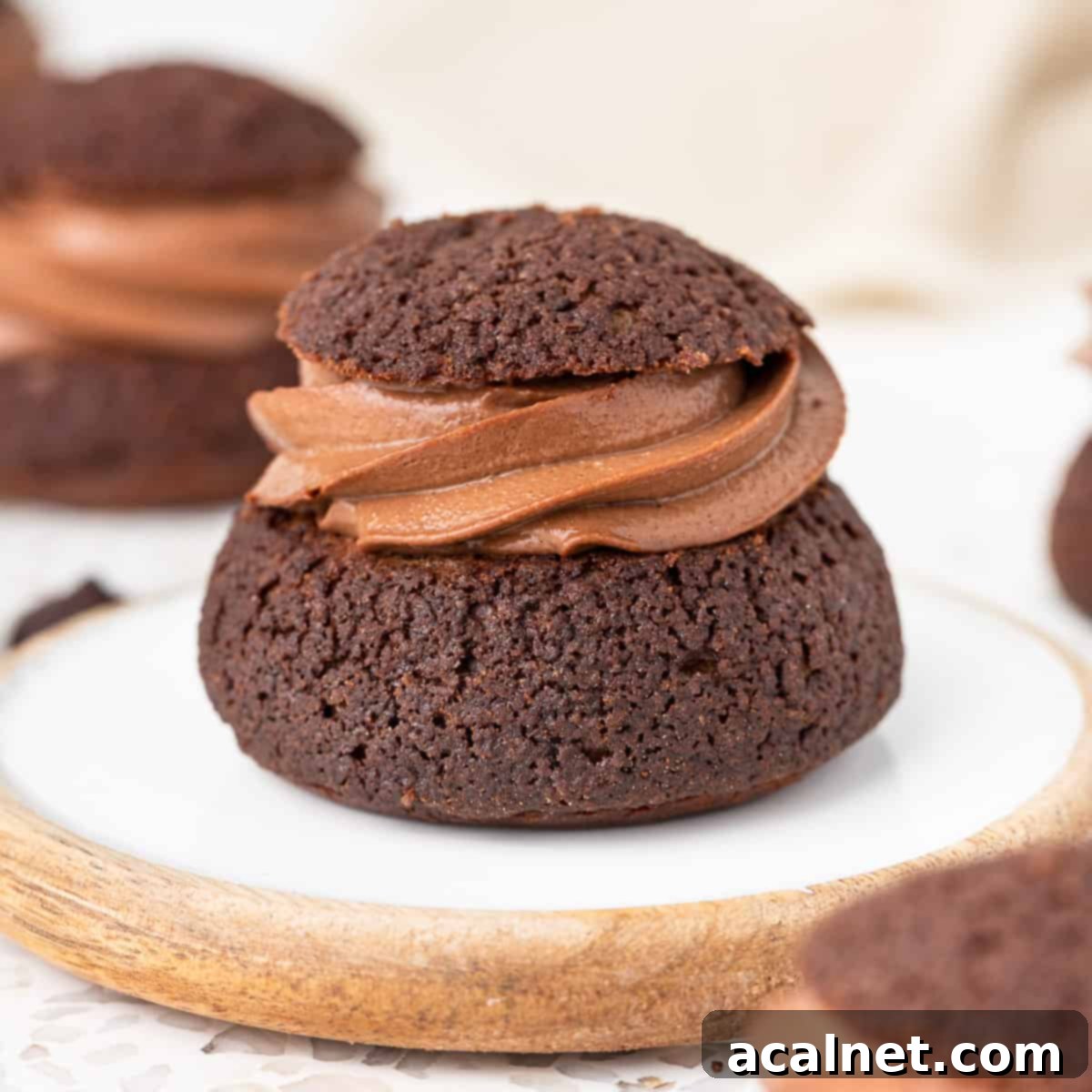 Close up on a choux filled with piped chocolate cream.
