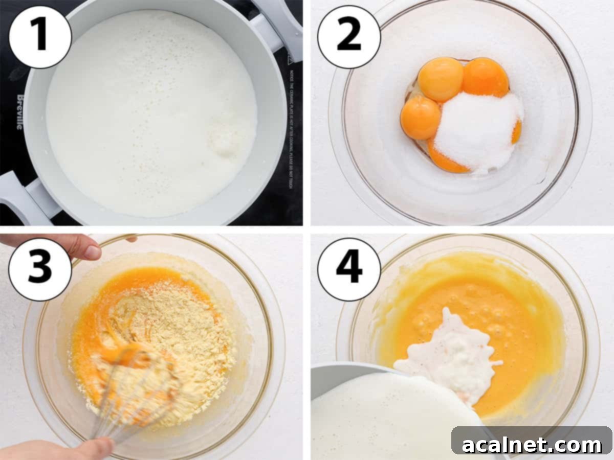 Process Shot Collage: heating up the milk, mixing the egg yolks with sugar and cornstarch then combining the two.