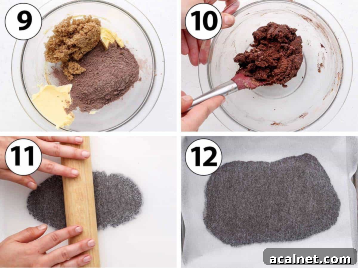 Process Shot Collage: mixing all ingredients for craquelin to get a thick paste then rolling it thinly between two sheets of baking paper.