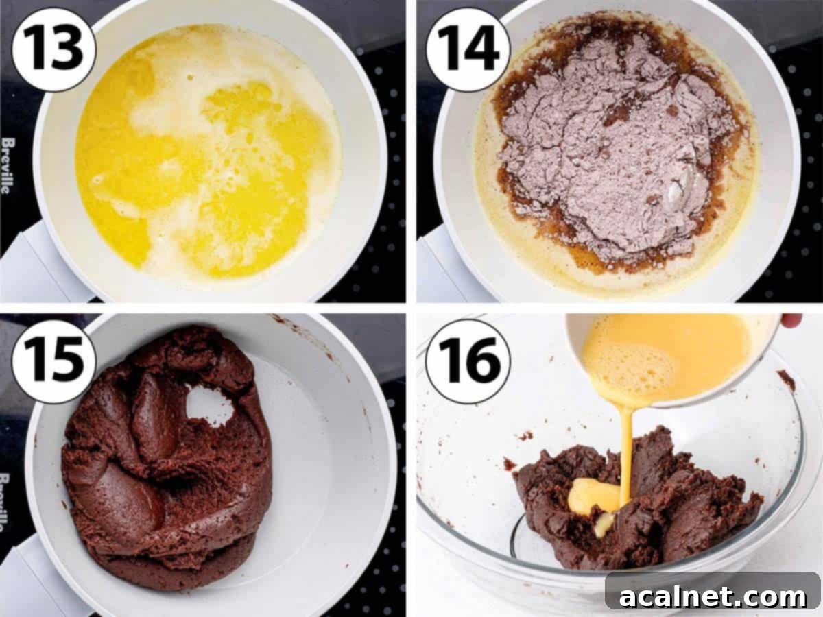 Process Shot Collage: mixing and cooking the ingredients for choux pastry in a saucepan then adding the whisked egg.