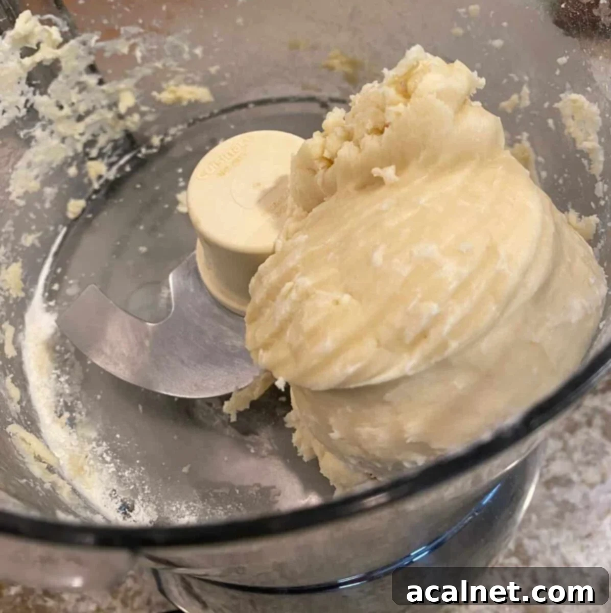 Vibrant Fruit Tart 7 A small mound of unbaked shortbread dough in a food processor, showing the correct consistency after adding ice water.