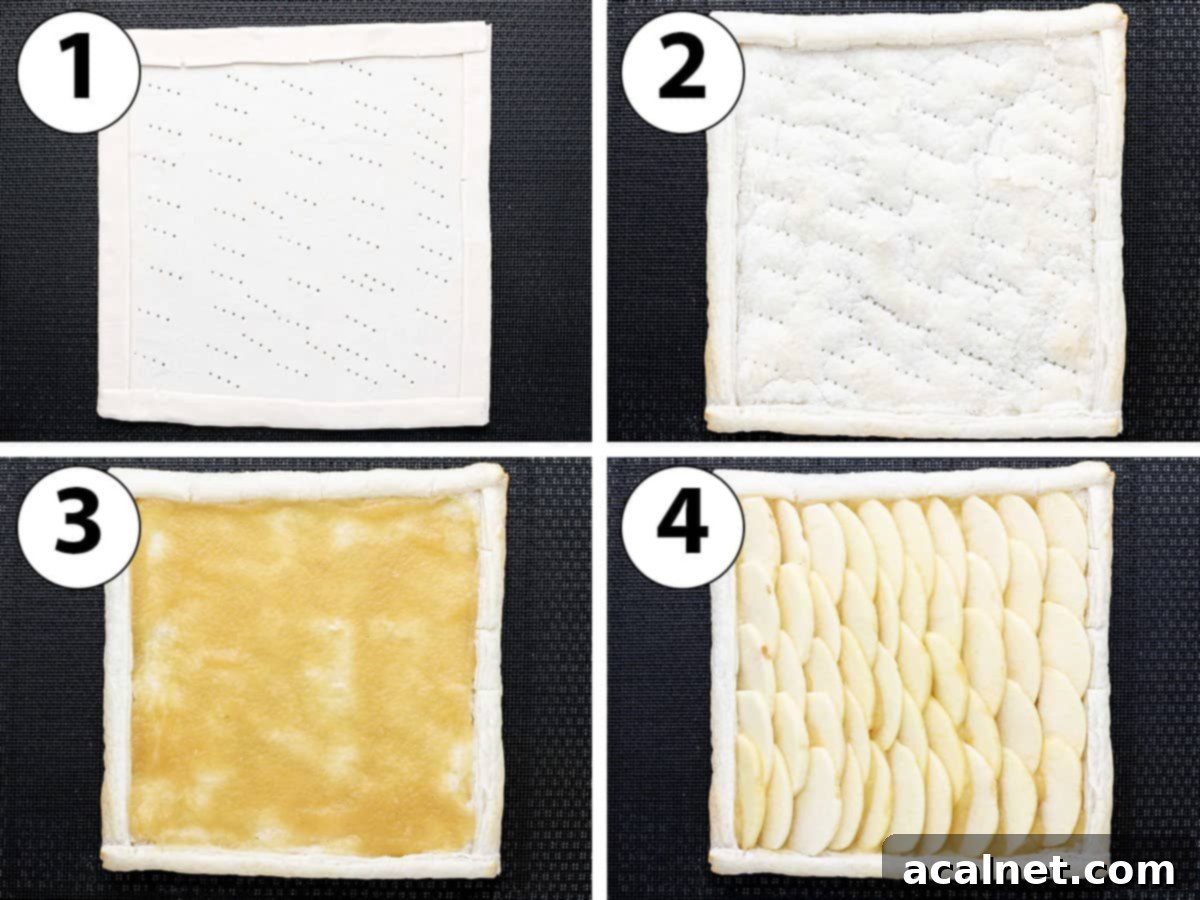 Process Shot Collage: par-baking the pastry, adding applesauce and topping with apple slices.