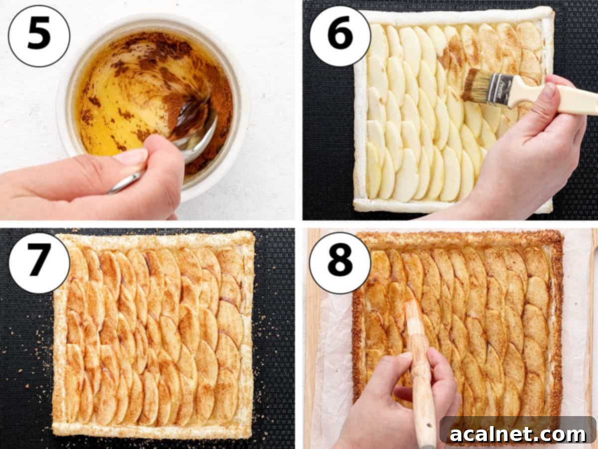 Process Shot Collage: brushing the apples with cinnamon butter, adding egg wash and raw sugar then topping with apricot jam.