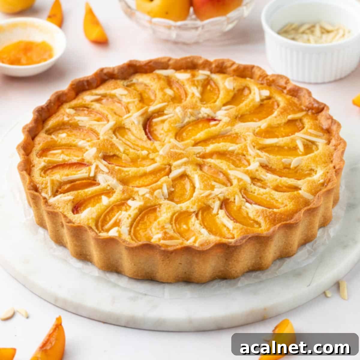 45 degrees angle view on the tart placed on a round marble tray over a light peach surface.