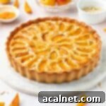 45 degrees angle view on the tart placed on a round marble tray over a light peach surface.