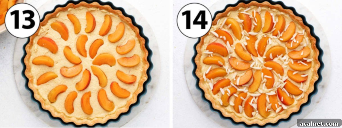 Process Shot collage: adding the apricot slices on top of the almond cream and topping with slivered almonds.