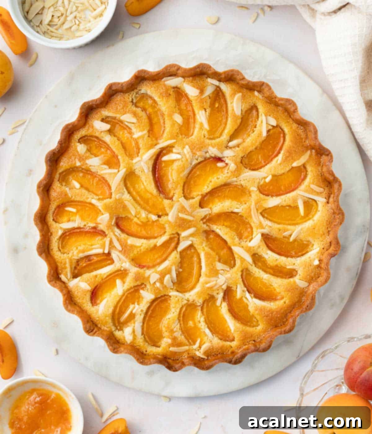 Baked tart seen from above surrounded by sliced apricots and recipe ingredients.