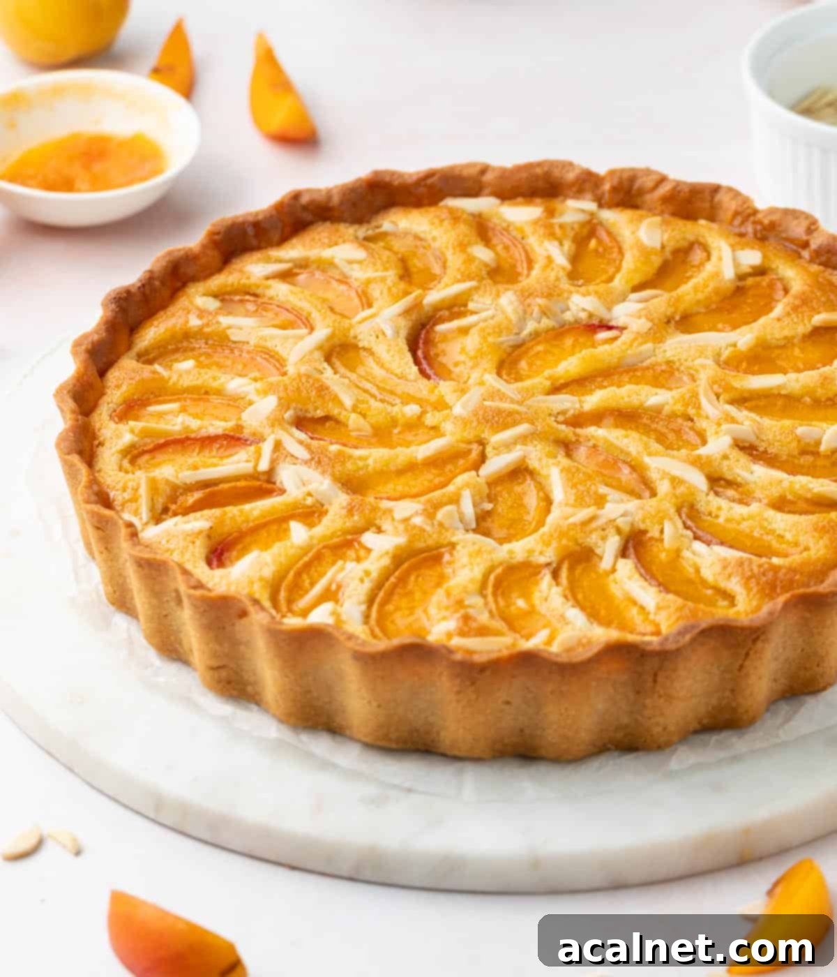 Close up on the side of the tart placed on a round marble tray.