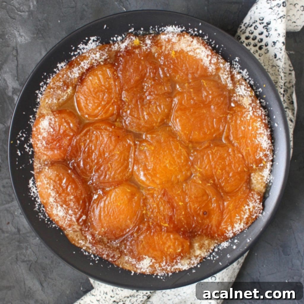 Close up on tarte tatin from above, showing caramelized apricots and golden crust