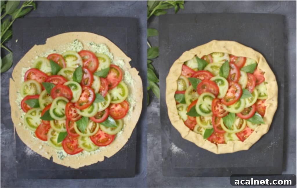 Process of making the galette: folding the pastry edges over the tomato and feta filling