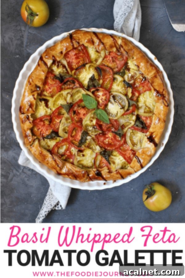 Close-up of baked Basil Whipped Feta Tomato Galette slice