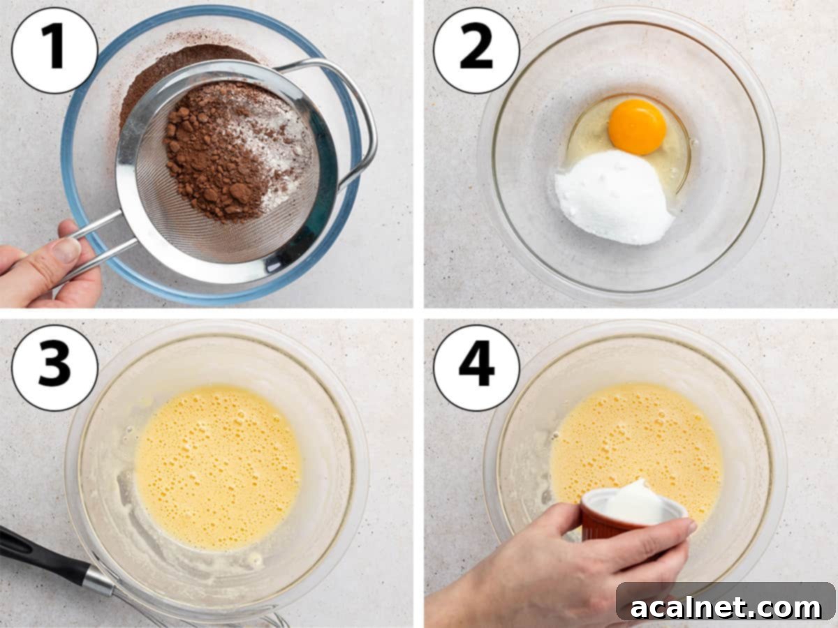 Process Shots Collage: sifting the dry ingredients, whisking the eggs and sugar and adding the milk.