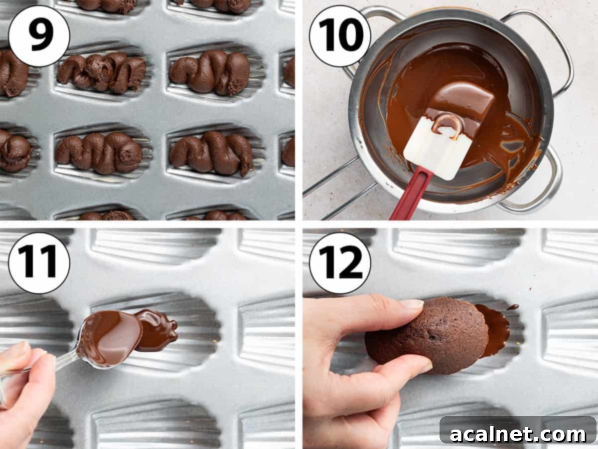 Process Shots Collage: piping the batter into a madeleine pan the melting the chocolate for the shell.