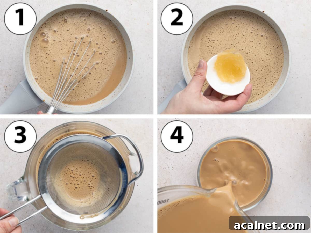 A process shot collage showing the stages of making coffee panna cotta: ingredients heating in a saucepan, bloomed gelatin being whisked into the warm liquid, and the mixture being strained through a sieve into a jug.