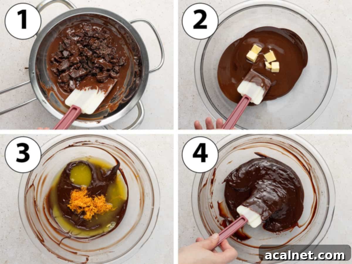 Process shot collage: melting the chocolate and butter, adding the orange zest and juice.