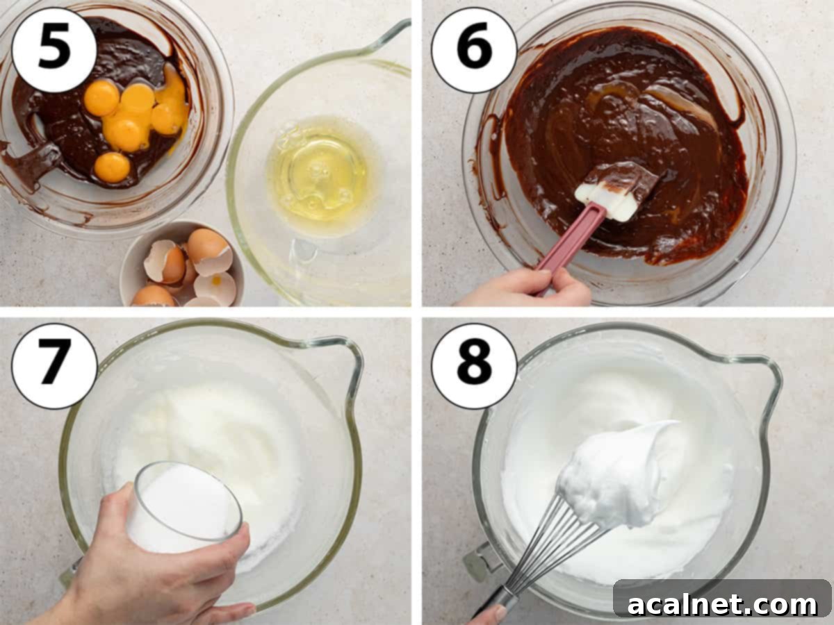 Process shot collage: adding the egg yolks and whipping the egg whites into a meringue.