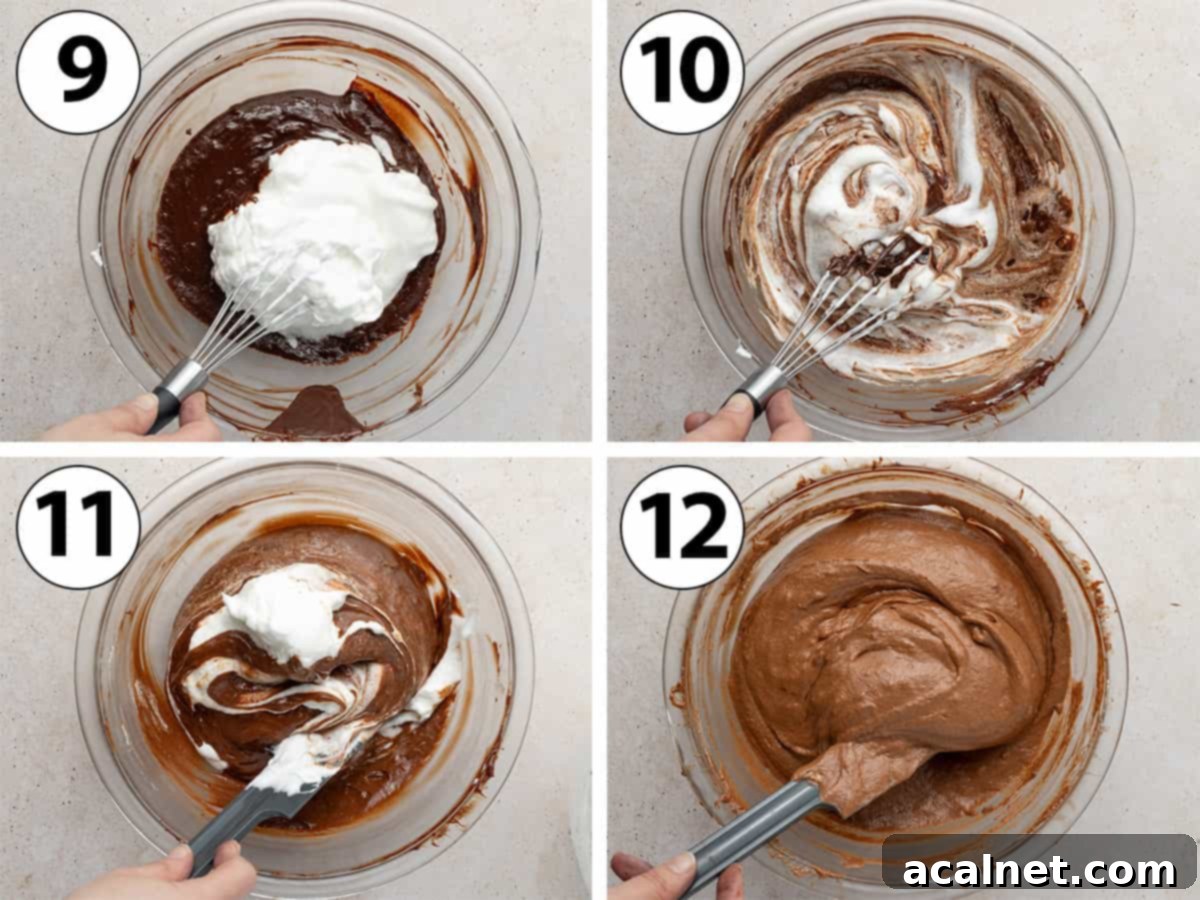 Process shot collage: folding in the whipped egg whites into the chocolate mixture.