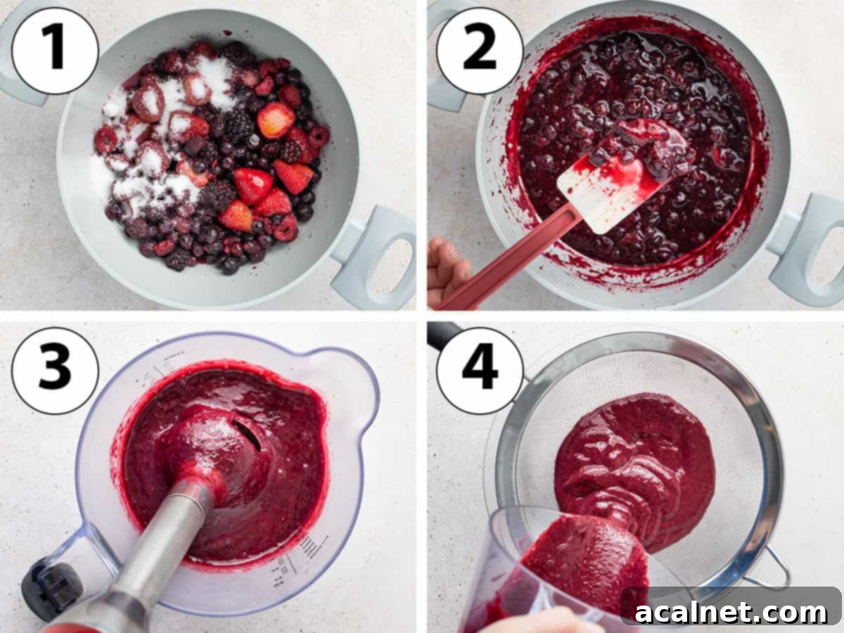 Process shot collage: cooking the ingredients in a saucepan, blending and sieving them.