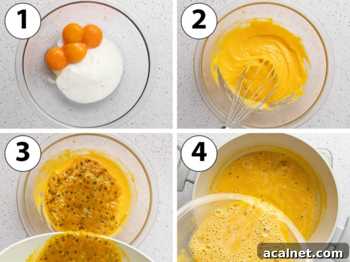 A four-panel process shot collage showing the crucial steps of tempering eggs and sugar with warm passion fruit puree, illustrating the careful technique needed for a smooth crémeux.