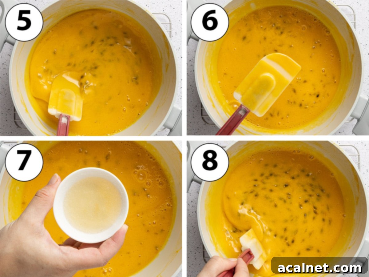 A four-panel process shot collage demonstrating the cooking of the passion fruit crémeux on the stove until thickened, followed by the addition of gelatin to achieve the desired setting for the tart filling.