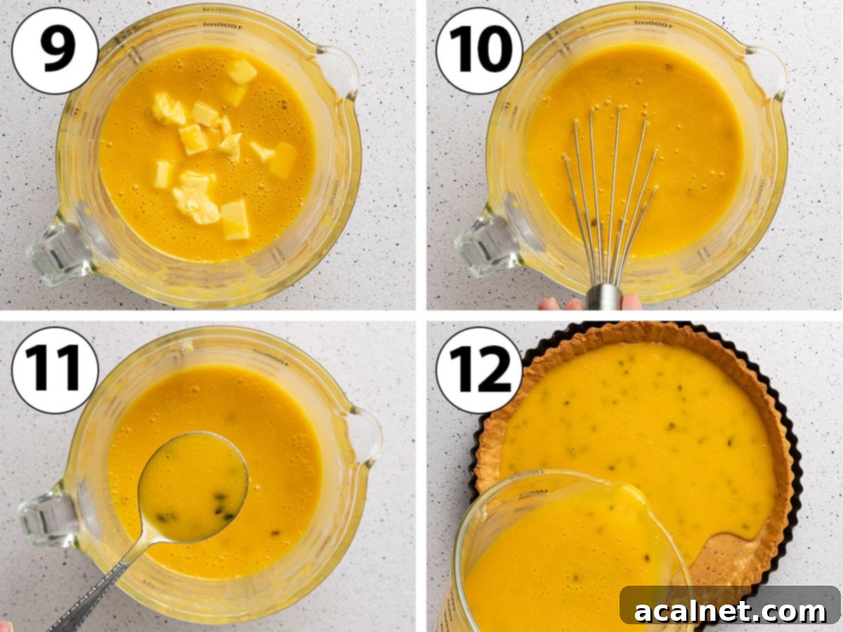 A four-panel process shot collage showcasing the critical steps of incorporating soft butter into the cooled passion fruit cream off the stove, followed by pouring the mixture into the baked tart shell for setting.