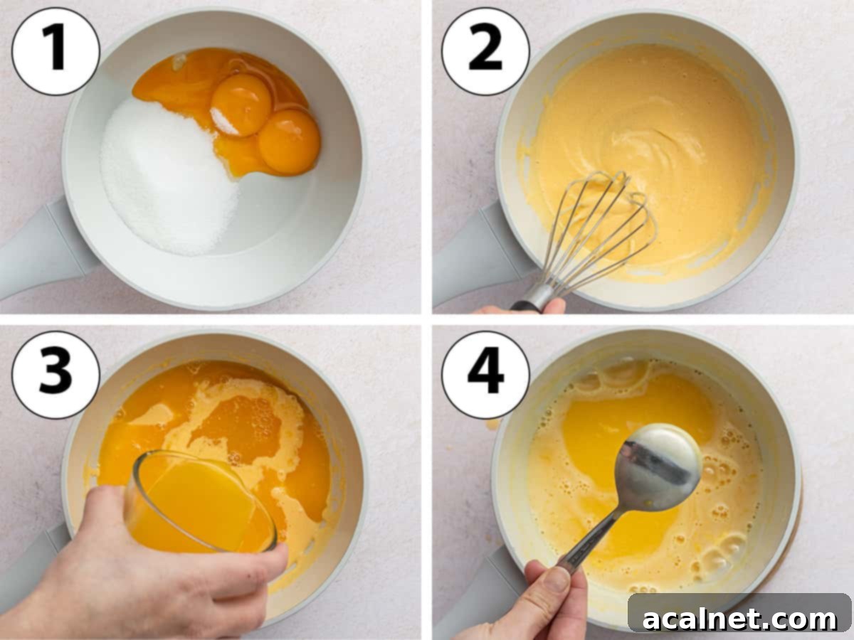 Zesty Orange Mousse Cups 4 Process shot collage: cooking the eggs, sugar and orange juice on the stove.