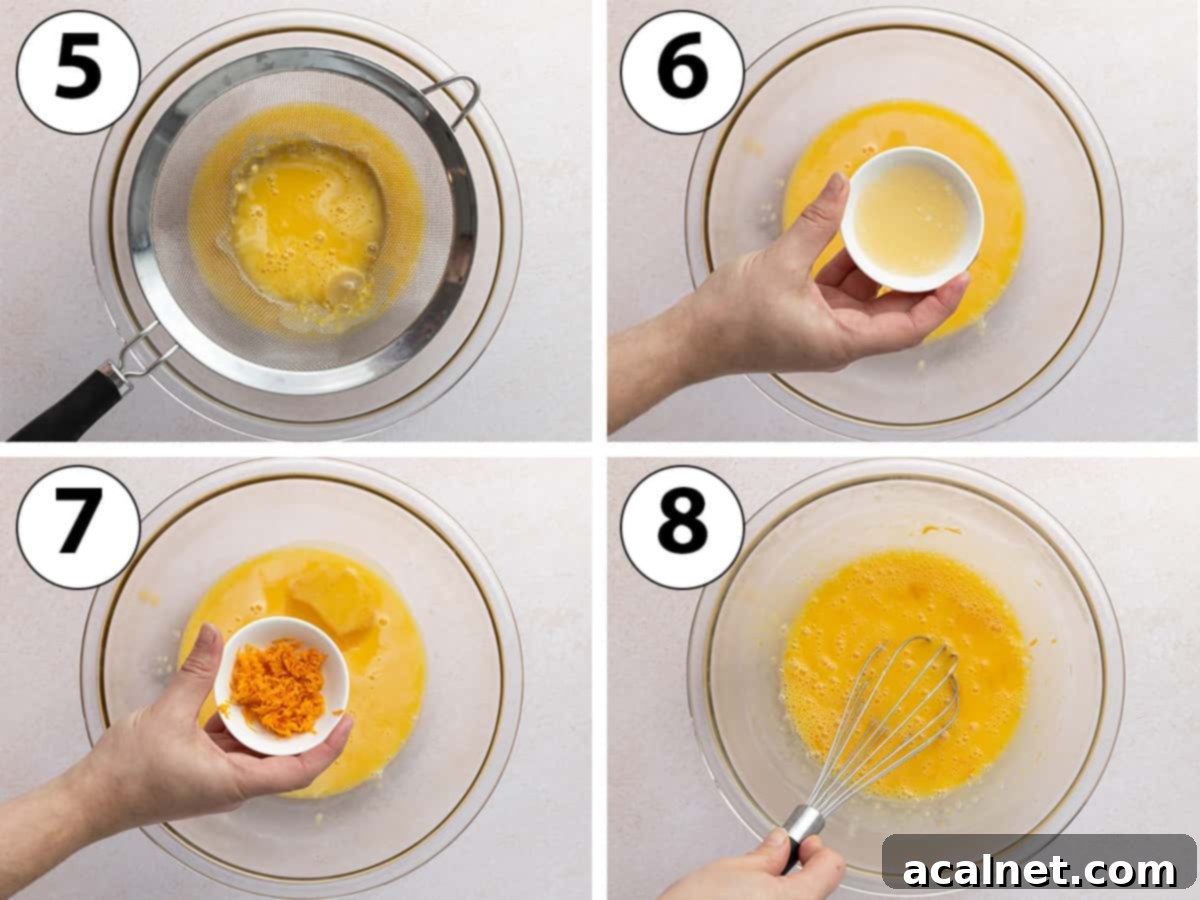 Zesty Orange Mousse Cups 5 Process shot collage: whisking the gelatine and orange zest into the cooked egg mixture.