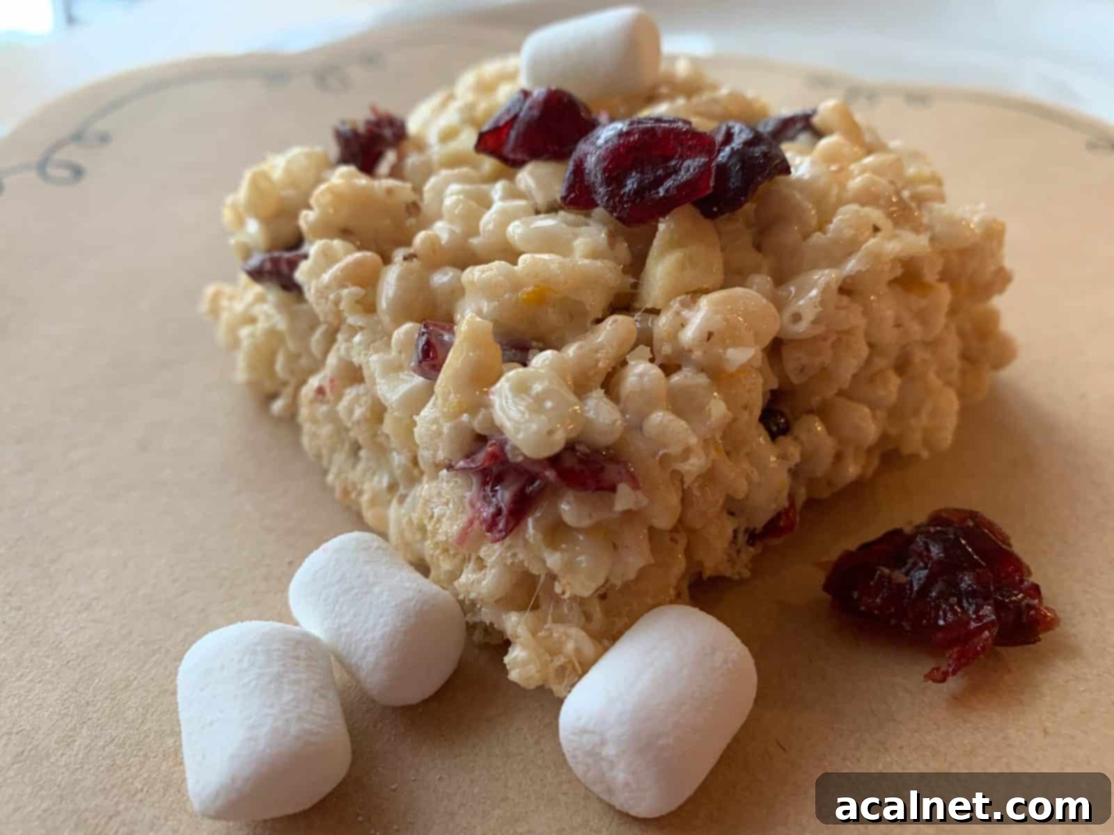 A single Fancy Rice Krispy Treat portion, with an abundance of dried cranberries and walnuts visible on top and around it.