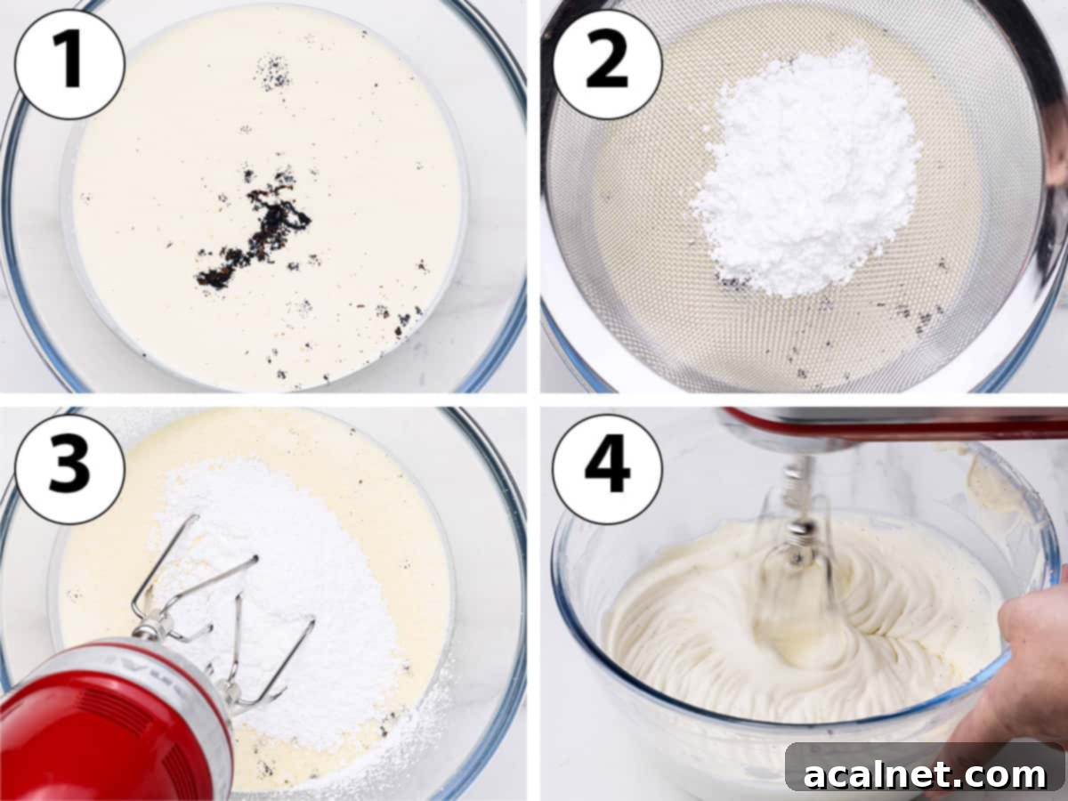 Process Shot Collage: placing the cream, vanilla and sugar in a large bowl and whipping it with electric mixer to reach medium peaks, illustrating the steps to make homemade Chantilly Cream.