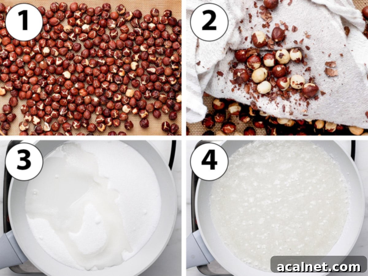 Process Shot collage showing the initial steps of making hazelnut praline paste: roasting and peeling hazelnuts, then combining sugar and water in a saucepan to start the caramel.