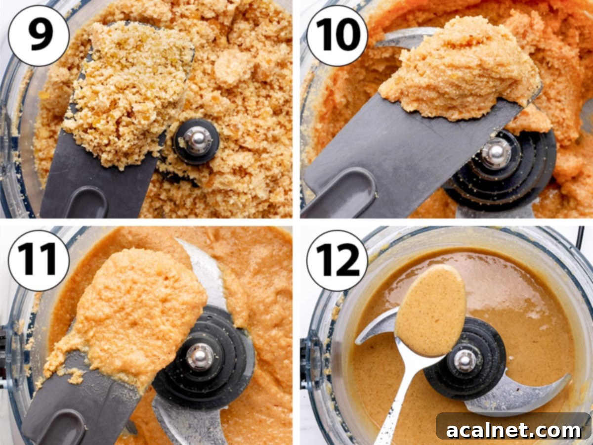 Process Shot collage detailing the food processor stages: starting with chunky caramelized nuts, progressing to a coarse powder ('Pralin'), then a thicker paste, and finally a smooth, liquid praline paste.