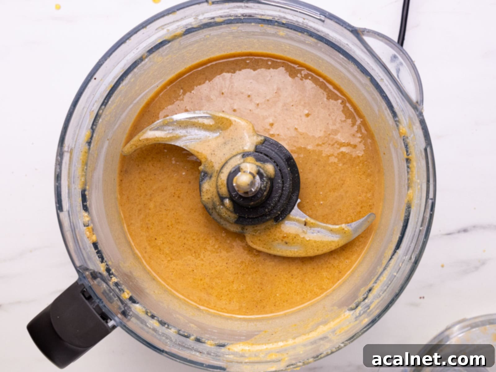 The final, smooth hazelnut praline paste glistening inside the food processor bowl after extensive blending, ready to be transferred.