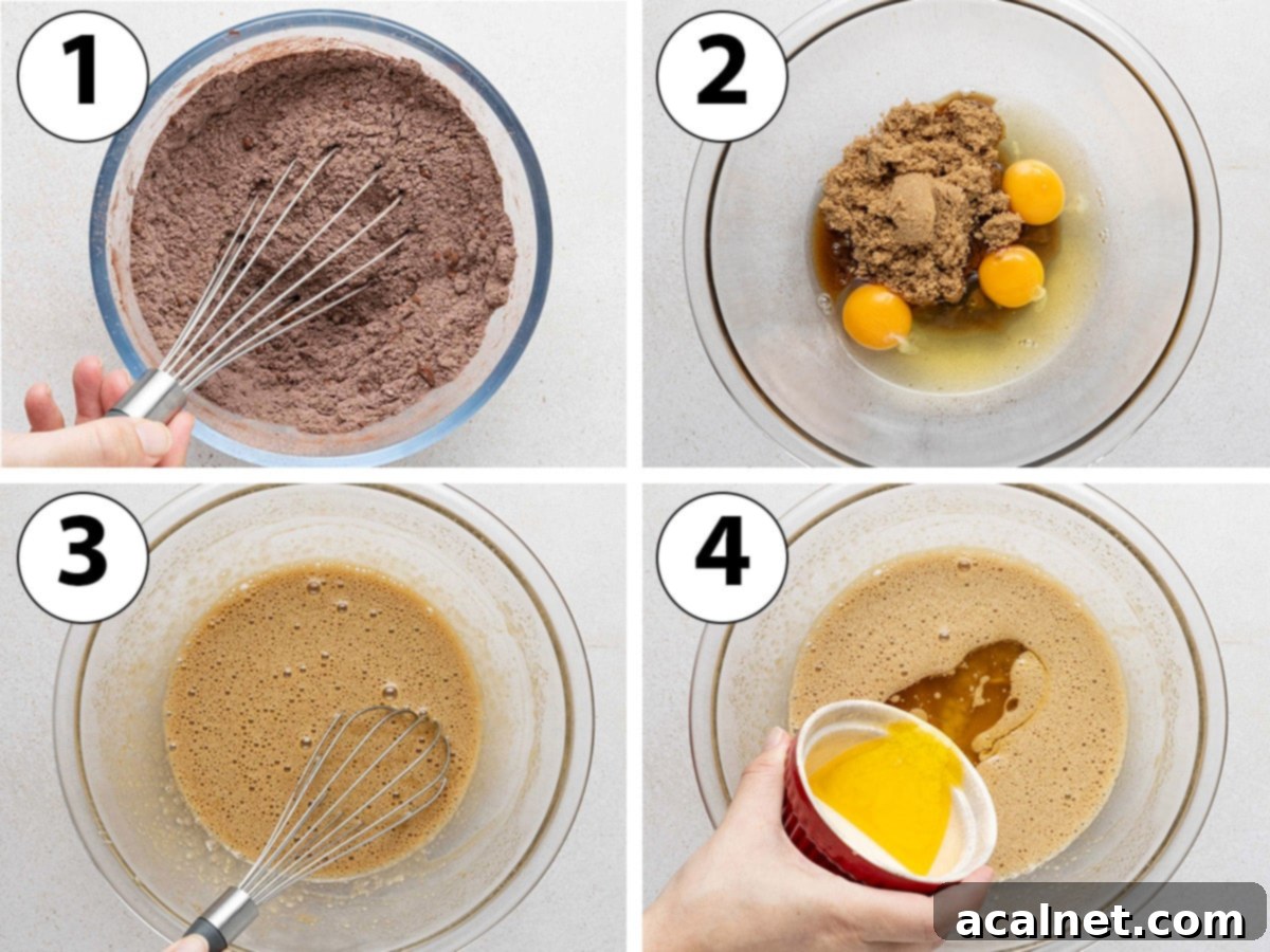 Simple Chocolate Hazelnut Delight 4 A visual guide showing a process shot collage: first, dry ingredients being combined in a bowl, followed by wet ingredients being mixed in a separate, larger bowl.
