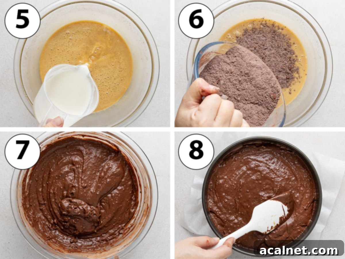 Simple Chocolate Hazelnut Delight 5 A process shot collage detailing the steps of baking: combining wet and dry ingredients, followed by pouring the finished batter into a prepared springform pan for baking.