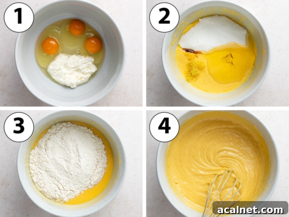 Process shot collage: mixing all the wet ingredients then adding the dry ingredients.