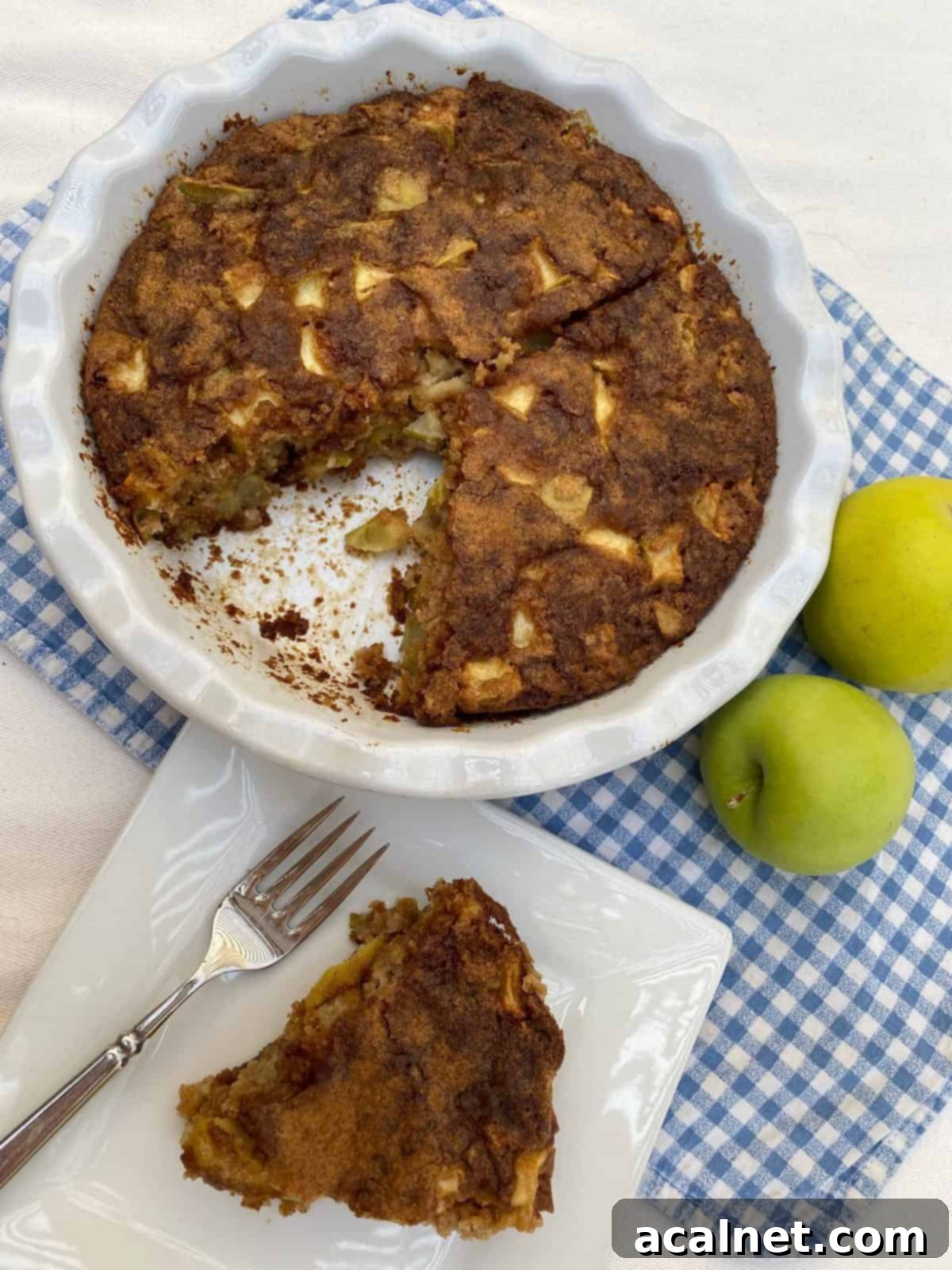 A wedge of apple cake with the baking dish and and apples in the background.