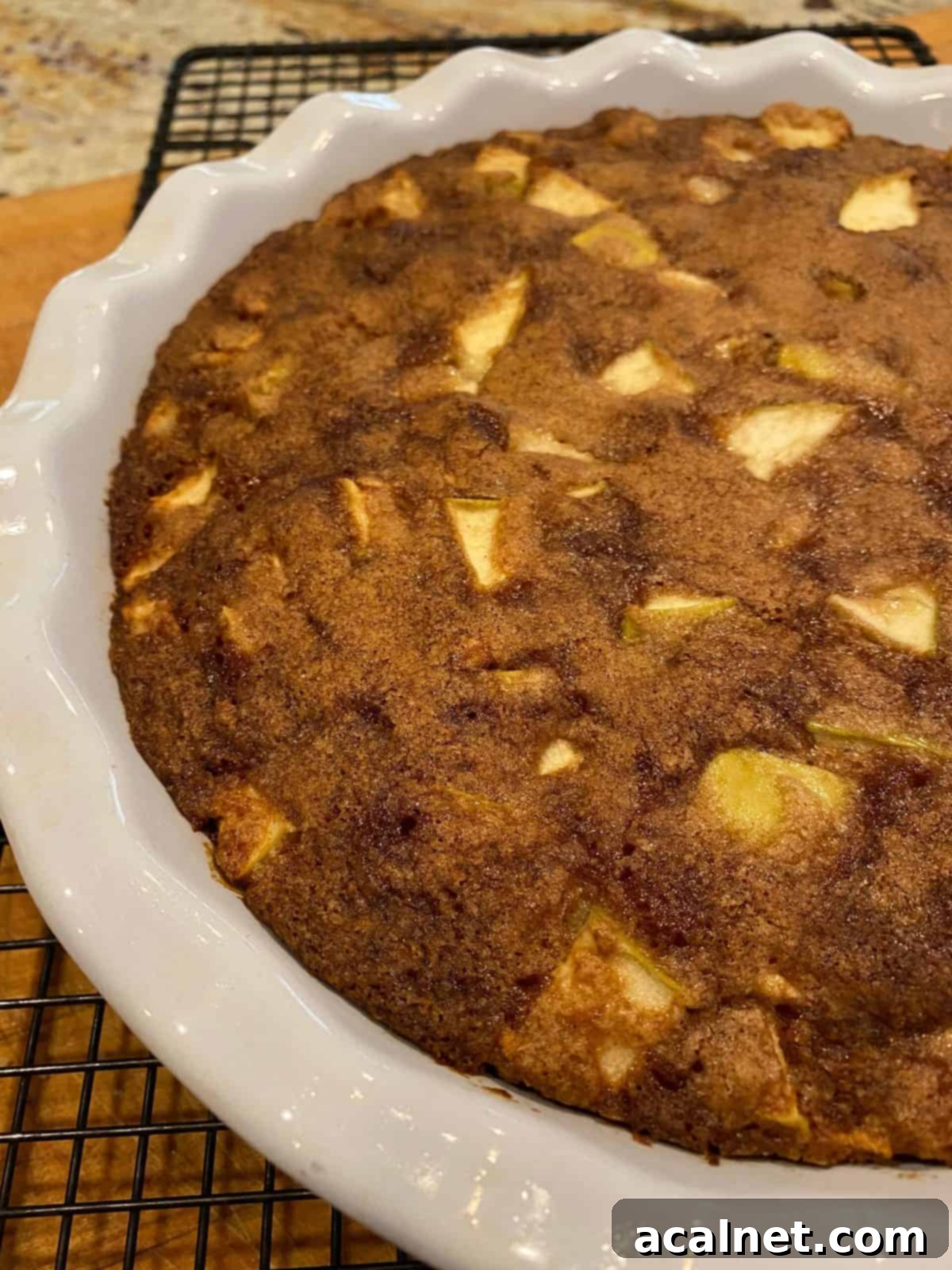 Apple cake in a pie dish on a cooling rack.