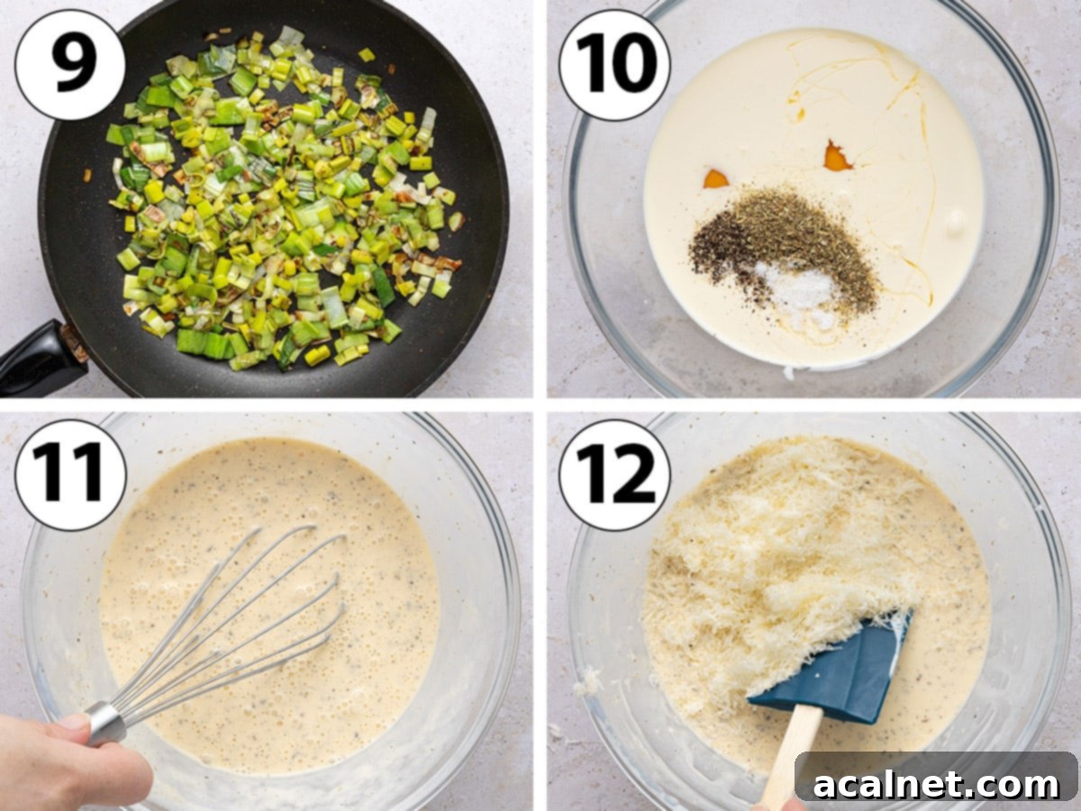Process shot collage: cooking the leeks in a pan until soft, then mixing eggs, cream, seasonings, and Gruyère cheese for the custard.