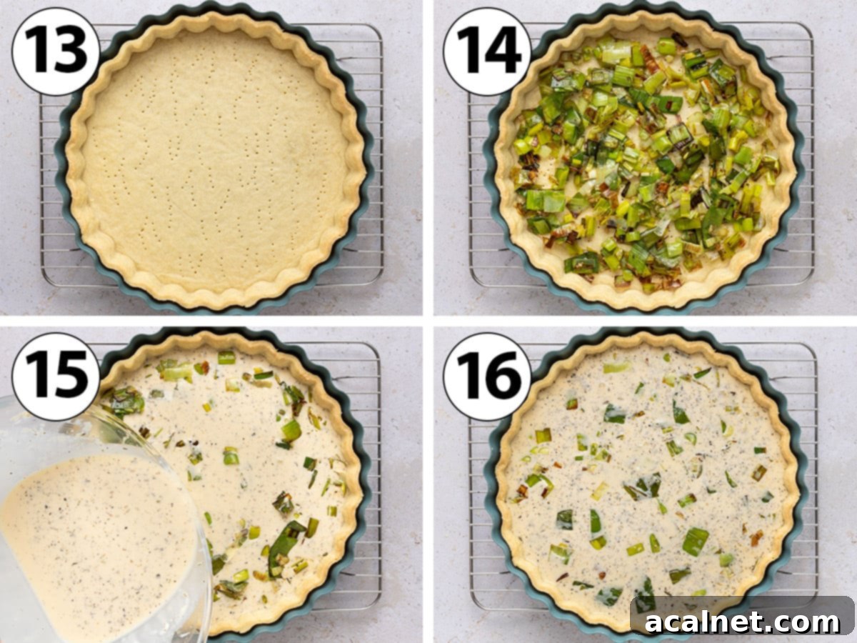 Process shot collage: cooked leeks being spread over a par-baked quiche crust, followed by pouring the creamy custard mixture over the leeks in the tart pan.
