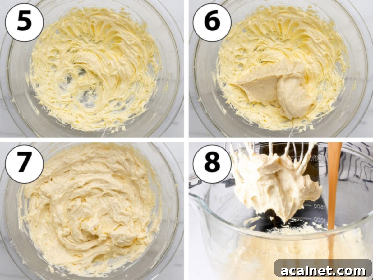 Velvety Praline Mousseline 6 Process collage: whipping the butter, adding the chilled pastry cream, then incorporating the praline paste to create the mousseline.