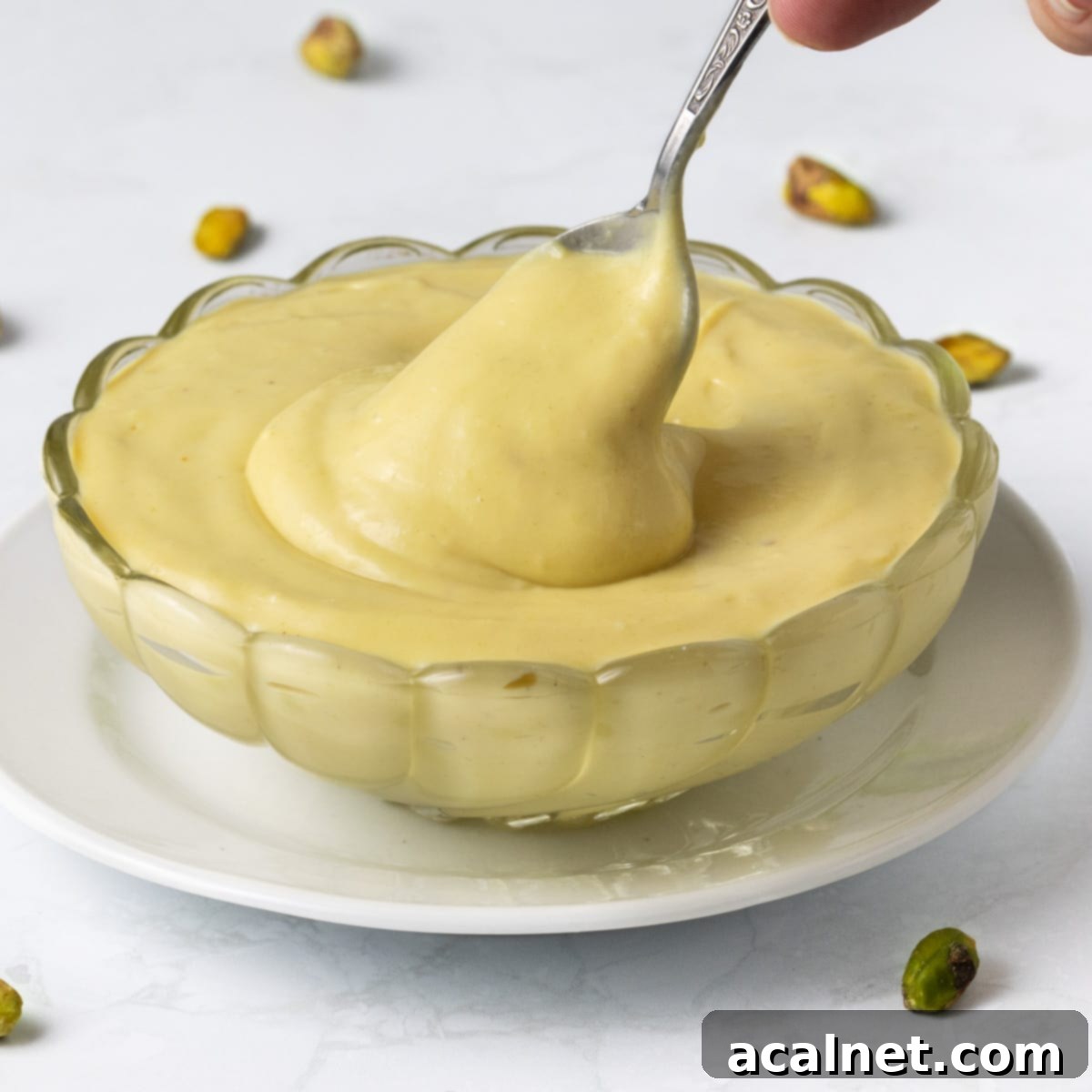 Pistachio cream dripping from a small spoon inside a glass bowl.