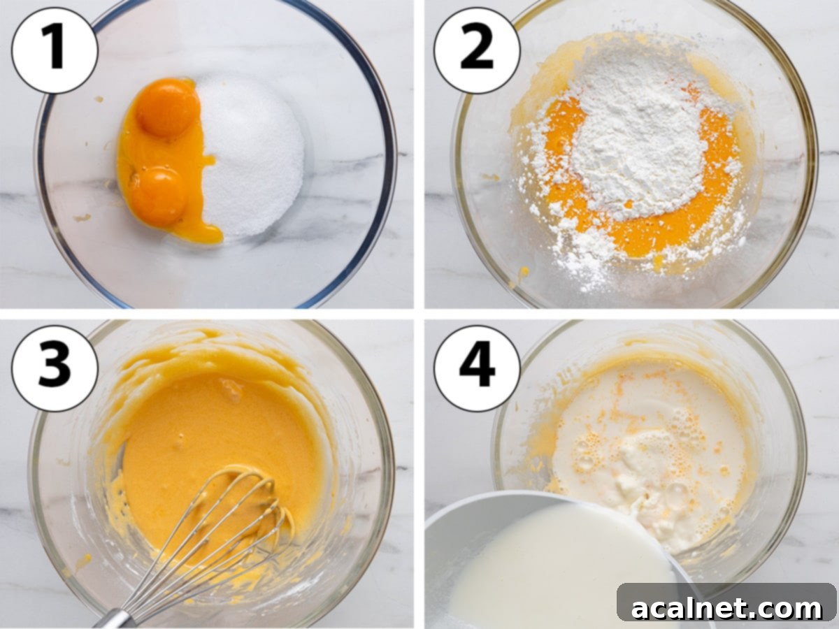 Process shot collage: mixing egg yolks, sugar and cornstarch then tempering with hot milk.
