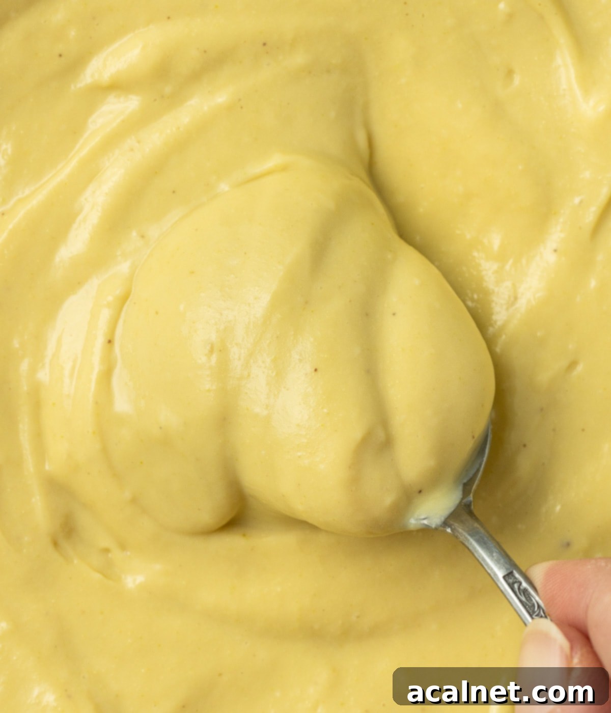 Close up on a spoon picking up pistachio cream seen from above.