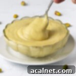 Pistachio cream dripping from a small spoon inside a glass bowl.