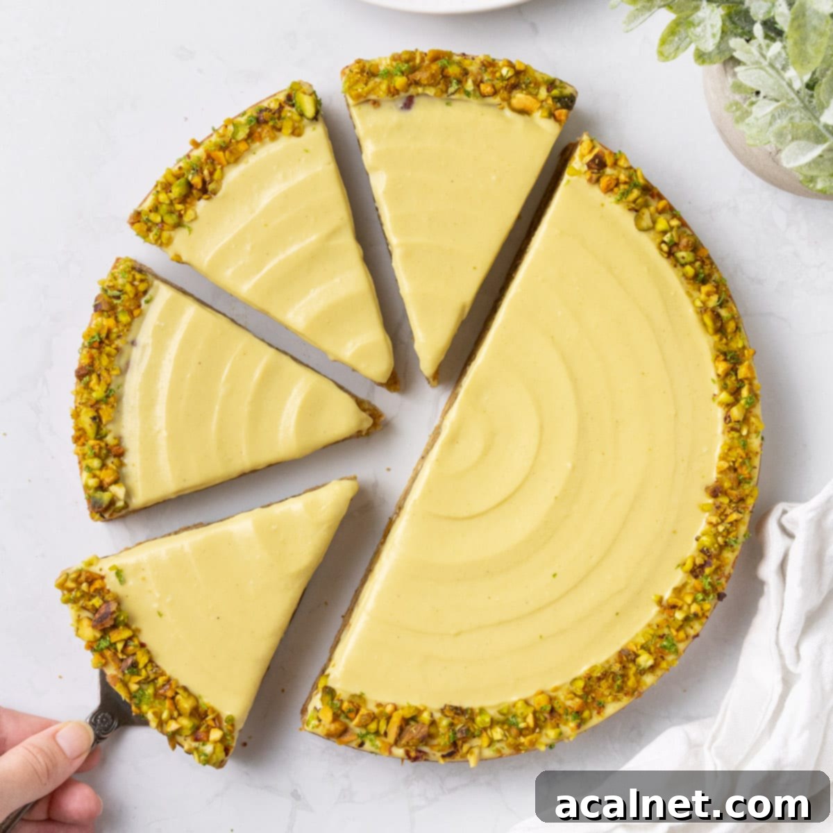 Pistachio tart seen from above with 4 slices cut off.