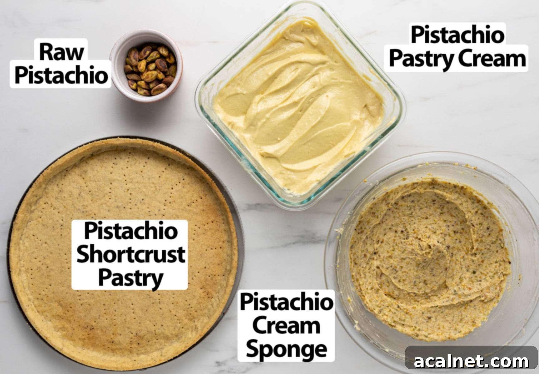 Tart components laid on a marble surface.